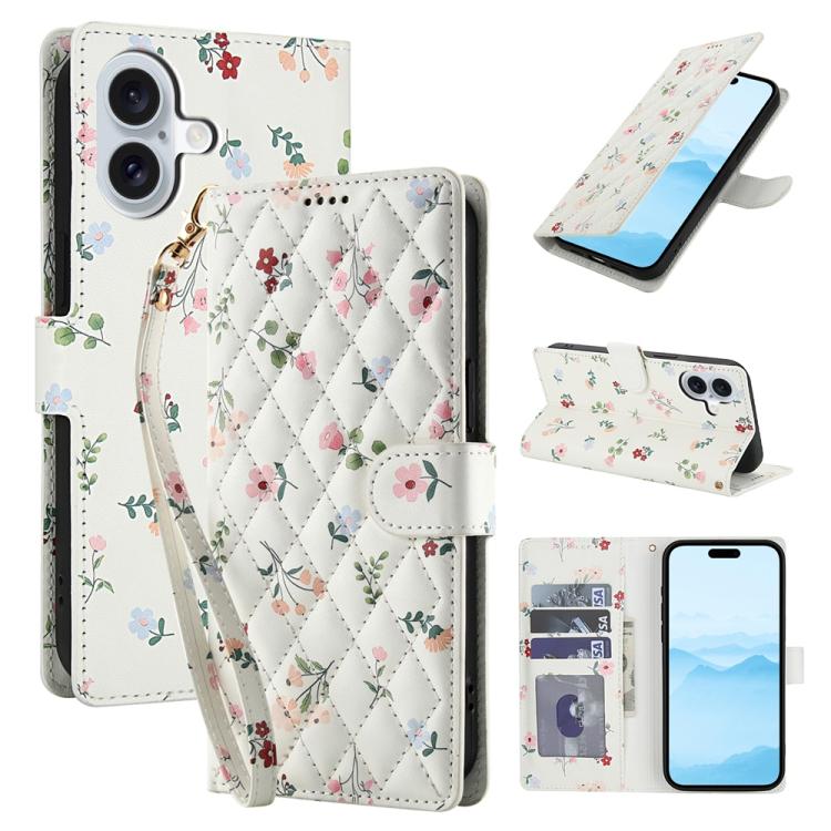 Flower Pattern Buckle Leather Phone Case with Lanyard, For iPhone 16e, For iPhone 16 Pro Max, For iPhone 16 Pro, For iPhone 16 Plus