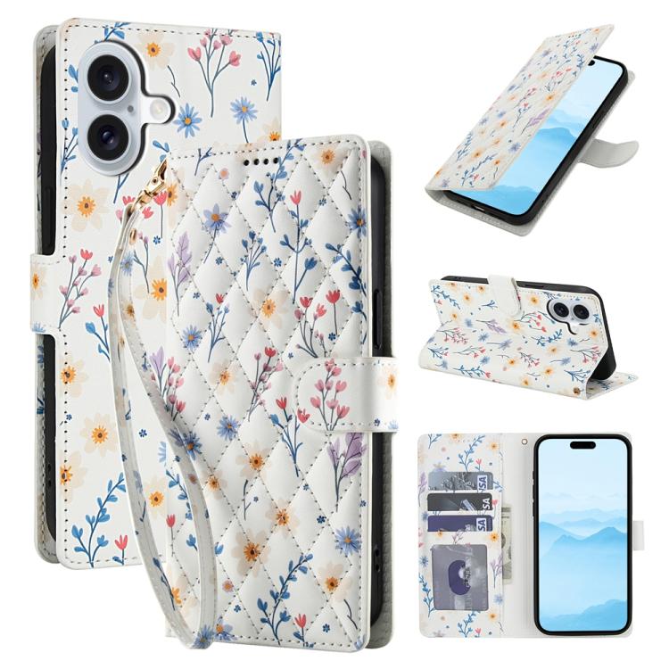 Flower Pattern Buckle Leather Phone Case with Lanyard, For iPhone 16e, For iPhone 16 Pro Max, For iPhone 16 Pro, For iPhone 16 Plus