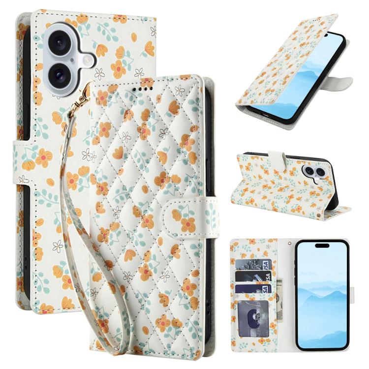Flower Pattern Buckle Leather Phone Case with Lanyard, For iPhone 16e, For iPhone 16 Pro Max, For iPhone 16 Pro, For iPhone 16 Plus
