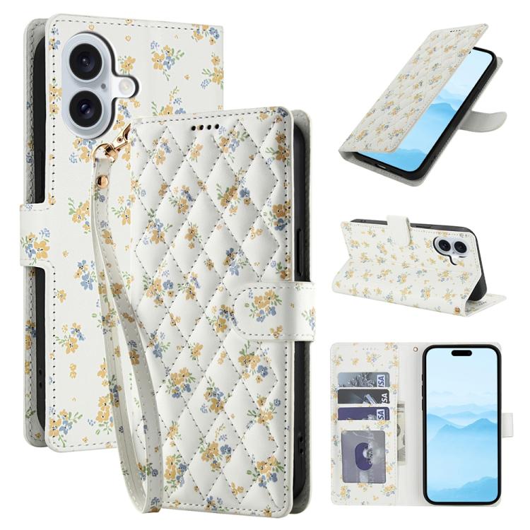 Flower Pattern Buckle Leather Phone Case with Lanyard, For iPhone 16e, For iPhone 16 Pro Max, For iPhone 16 Pro, For iPhone 16 Plus