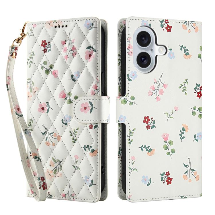 Flower Pattern Buckle Leather Phone Case with Lanyard, For iPhone 16, For iPhone 15 Pro Max, For iPhone 15 Pro, For iPhone 15 Plus / 14 Plus