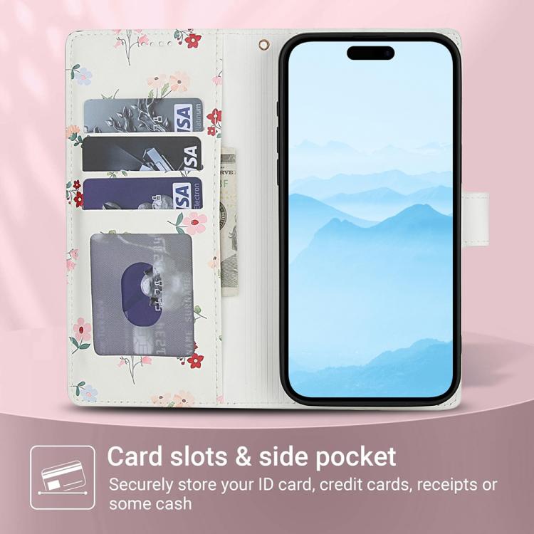 Flower Pattern Buckle Leather Phone Case with Lanyard, For iPhone 16, For iPhone 15 Pro Max, For iPhone 15 Pro, For iPhone 15 Plus / 14 Plus