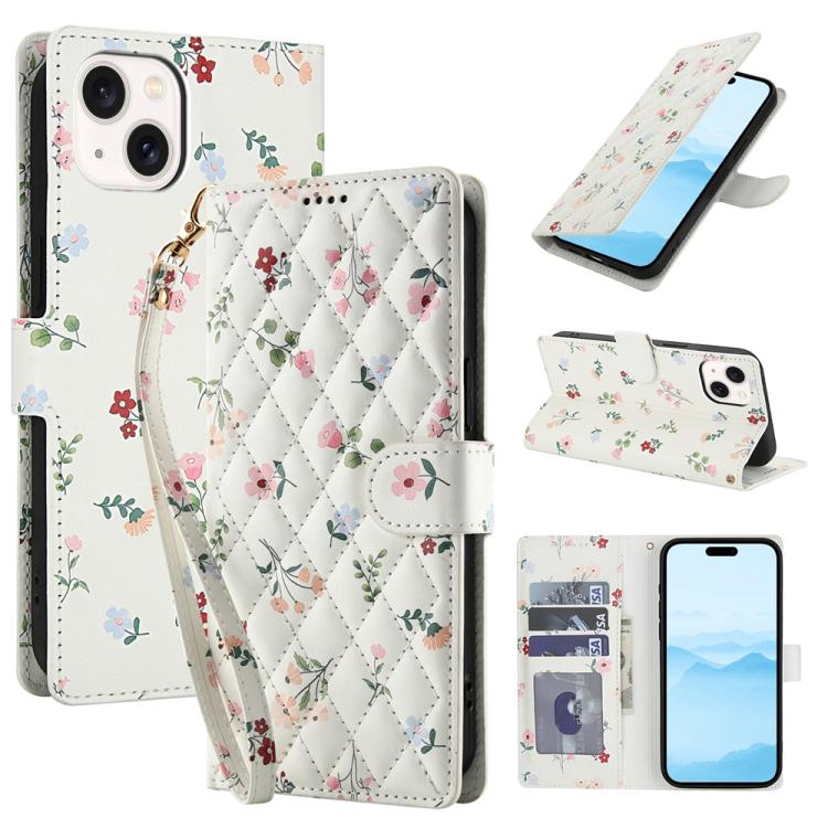 Flower Pattern Buckle Leather Phone Case with Lanyard, For iPhone 15, For iPhone 14 / 13, For iPhone 14 Pro, For iPhone 14 Pro Max