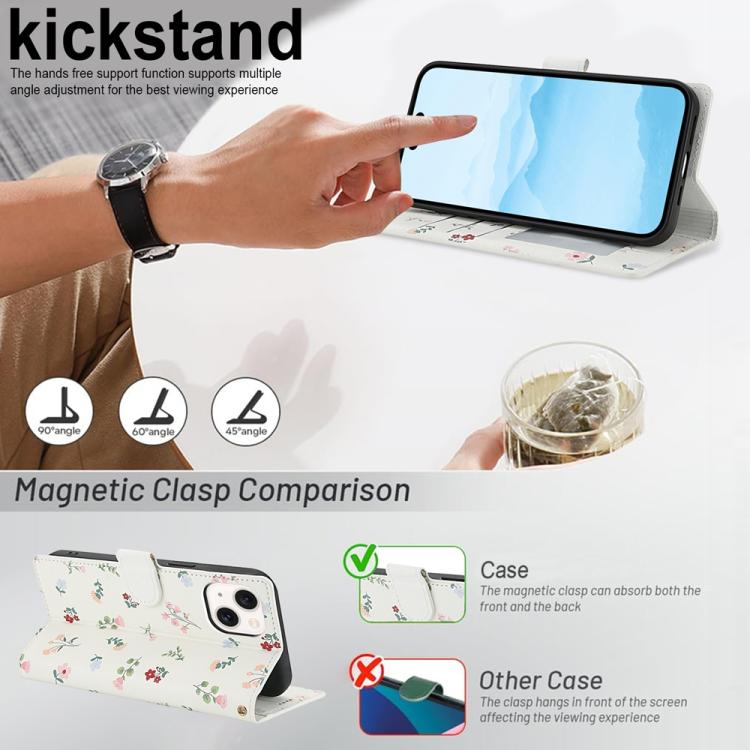 Flower Pattern Buckle Leather Phone Case with Lanyard, For iPhone 15, For iPhone 14 / 13, For iPhone 14 Pro, For iPhone 14 Pro Max