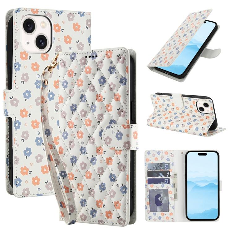 Flower Pattern Buckle Leather Phone Case with Lanyard, For iPhone 16, For iPhone 15 Pro Max, For iPhone 15 Pro, For iPhone 15 Plus / 14 Plus