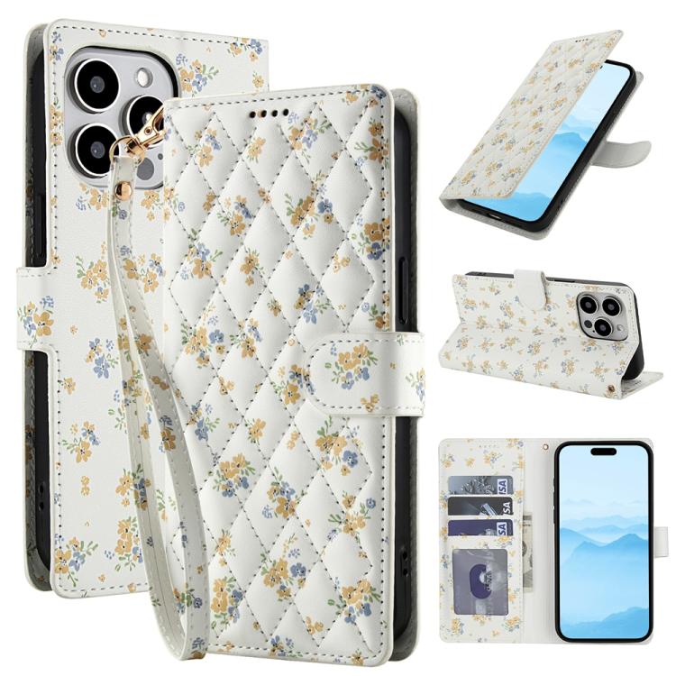Flower Pattern Buckle Leather Phone Case with Lanyard, For iPhone 16, For iPhone 15 Pro Max, For iPhone 15 Pro, For iPhone 15 Plus / 14 Plus