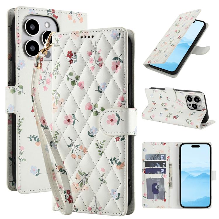 Flower Pattern Buckle Leather Phone Case with Lanyard, For iPhone 16, For iPhone 15 Pro Max, For iPhone 15 Pro, For iPhone 15 Plus / 14 Plus