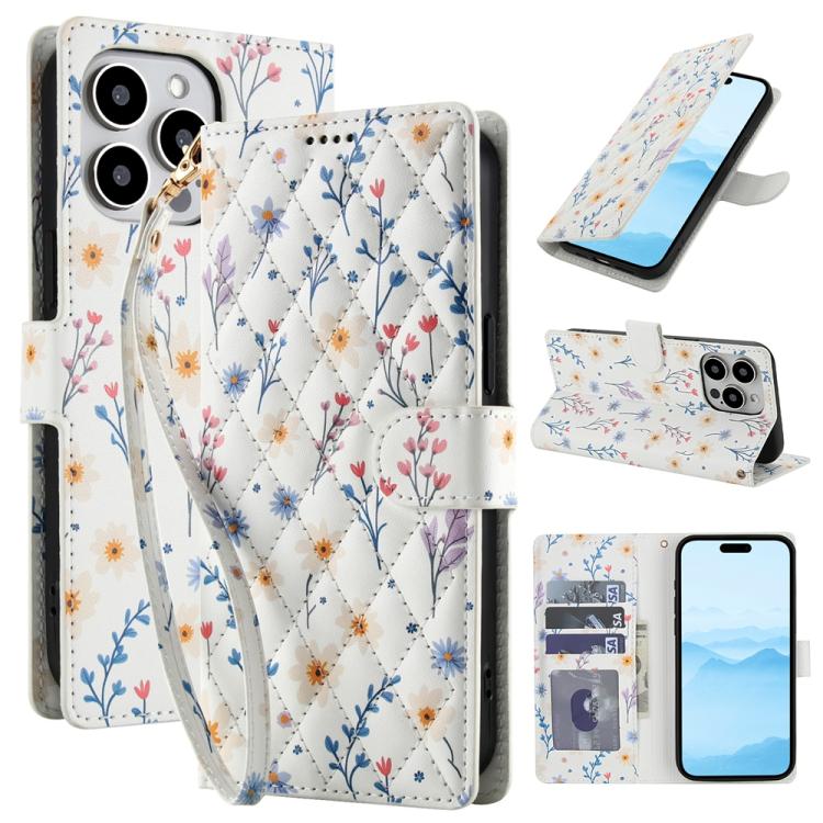 Flower Pattern Buckle Leather Phone Case with Lanyard, For iPhone 15, For iPhone 14 / 13, For iPhone 14 Pro, For iPhone 14 Pro Max