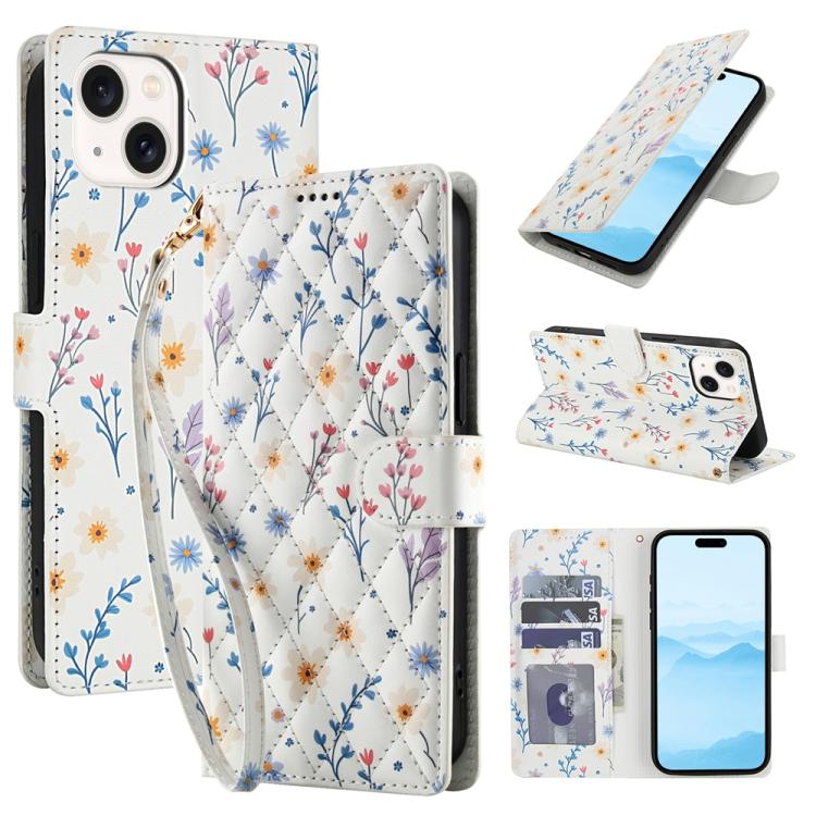 Flower Pattern Buckle Leather Phone Case with Lanyard, For iPhone 15, For iPhone 14 / 13, For iPhone 14 Pro, For iPhone 14 Pro Max