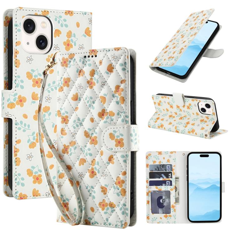 Flower Pattern Buckle Leather Phone Case with Lanyard, For iPhone 15, For iPhone 14 / 13, For iPhone 14 Pro, For iPhone 14 Pro Max