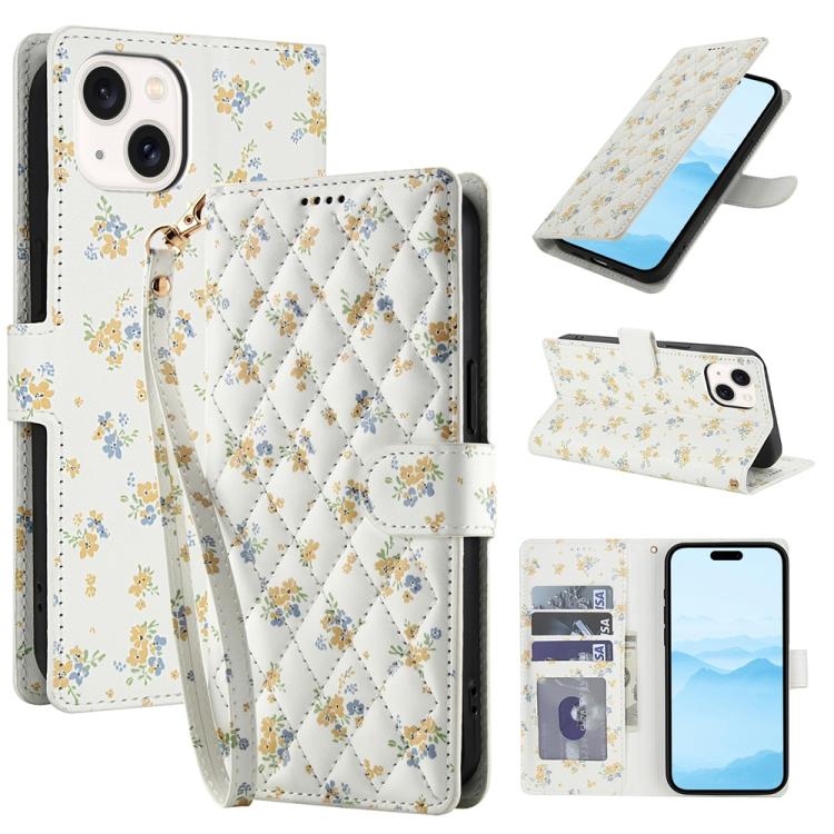 Flower Pattern Buckle Leather Phone Case with Lanyard, For iPhone 15, For iPhone 14 / 13, For iPhone 14 Pro, For iPhone 14 Pro Max