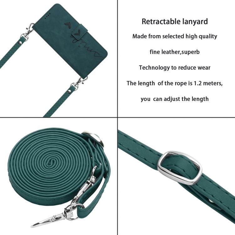 Skin Feel Heart Embossed Leather Phone Case with Long Lanyard, For iPhone 17 Pro Max, For iPhone 17 Pro, For iPhone 17, For iPhone 17 Air