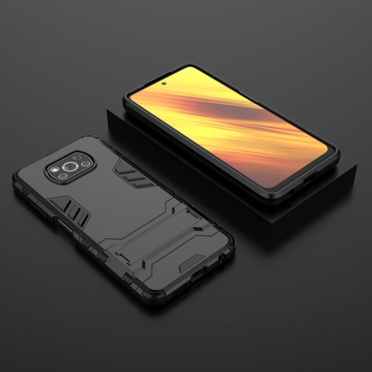 Protective Poco X3 NFC case featuring reinforced corners and integrated kickstand functionality