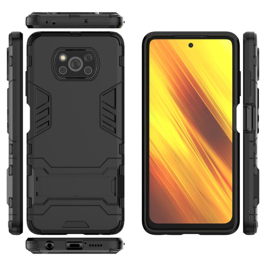 Xiaomi Poco X3 NFC phone in shockproof protective case with stand, viewing angle view