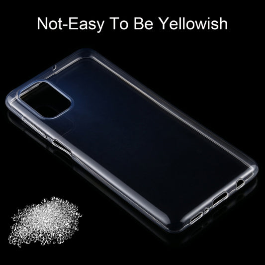 Transparent TPU protective case packaging displayed with compatible phones Galaxy M51, Moto G9 Plus, Poco X3