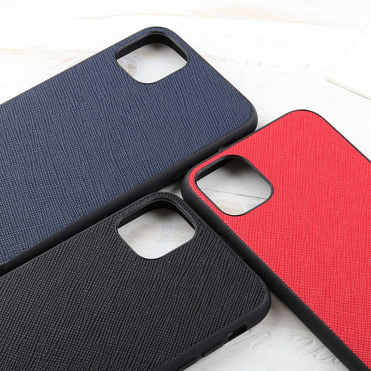 Authentic leather iPhone 11 Pro protective case, cross texture detail visible