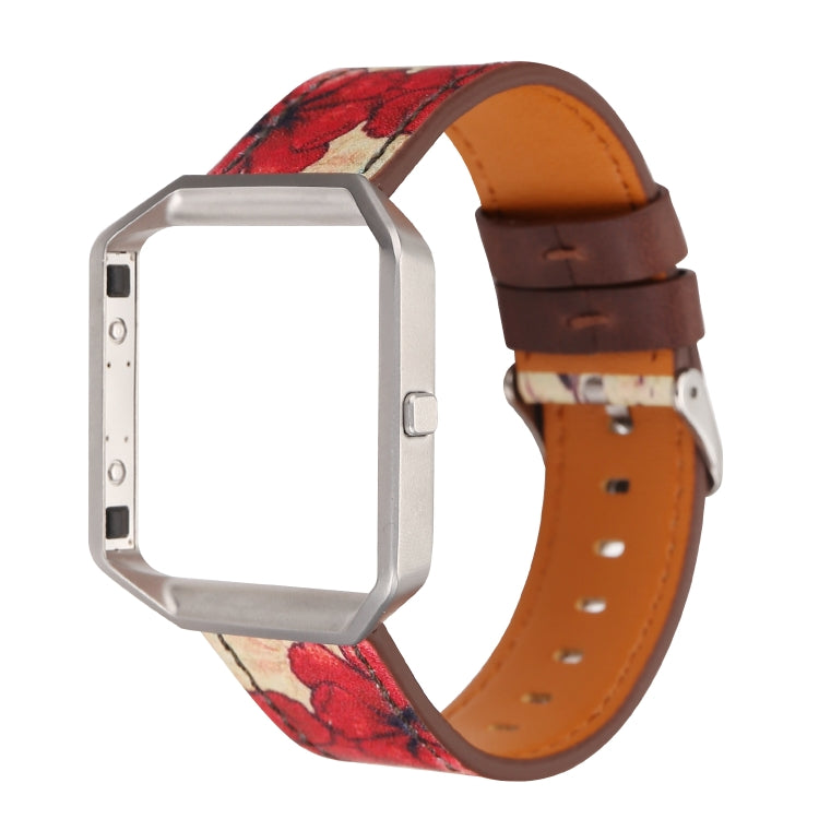 For Fitbit Blaze Retro Flowers Series Leather Replacement Strap Watchband, Red Flowers, Chrysanthemum, Green Flowers
