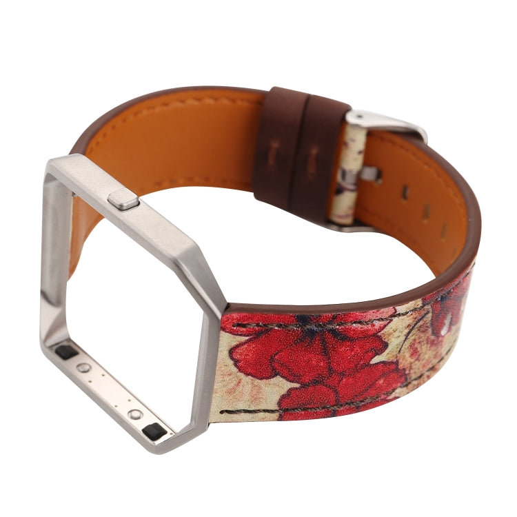 For Fitbit Blaze Retro Flowers Series Leather Replacement Strap Watchband, Red Flowers, Chrysanthemum, Green Flowers