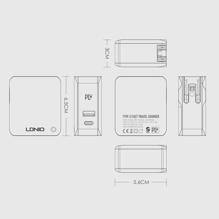 Chargeur de voyage rapide pliable LDNIO A4403C 30 W PD + Auto-id avec câble 8 broches de 1 m, prise AU, avec câble 8 broches, 30 W avec câble 8 broches