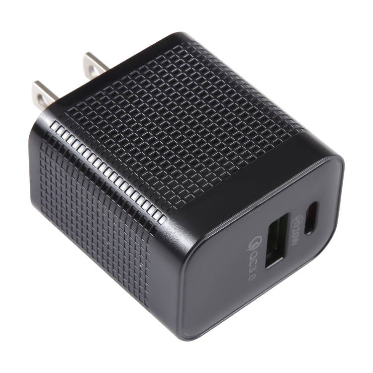 PD 20W USB-C/Type-C+QC 3.0 USB Ports Plaid Pattern Travel Charger, US Plug, US Plug (Black)