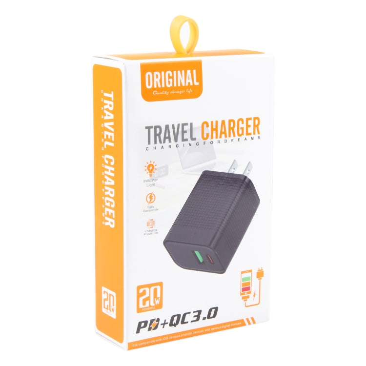 PD 20W USB-C/Type-C+QC 3.0 USB Ports Plaid Pattern Travel Charger, US Plug, US Plug (Black)