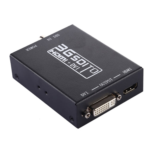 Compact SDI to HDMI DVI conversion box with dual output connectors