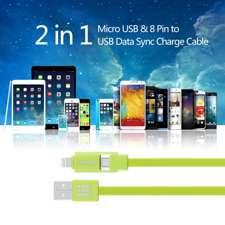 HAWEEL 1m 2 in 1 Micro USB & 8 Pin to USB Data Sync Charge Cable, 2 in 1 Cable in two connectors