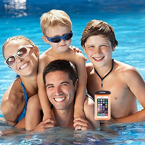 Compact waterproof mobile device protector with neck lanyard attachment point