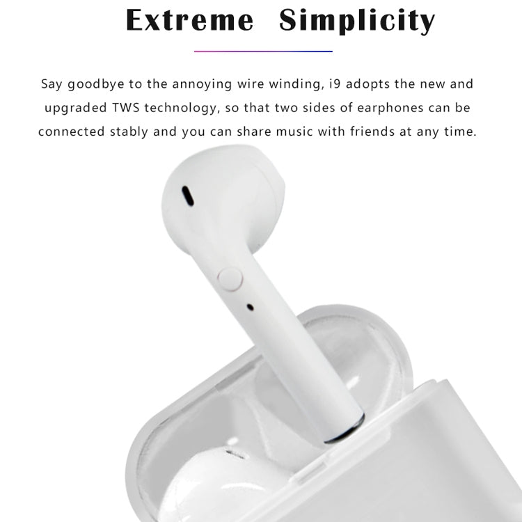i9 Wireless TWS Sport Bilateral Stereo Bluetooth 5.0 Headset with Charging Box, Push-button Version