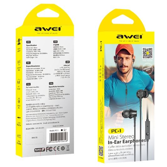 awei PC-1 mini stereo earphone cable with 3.5mm jack and integrated controls