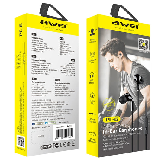 awei PC-6 in-ear headset cable and inline microphone control details