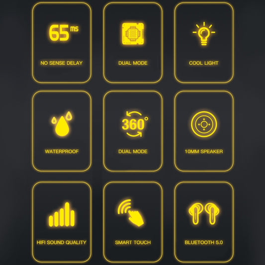 Bluetooth V5.0 earphones displaying connectivity with smartphone and gaming console