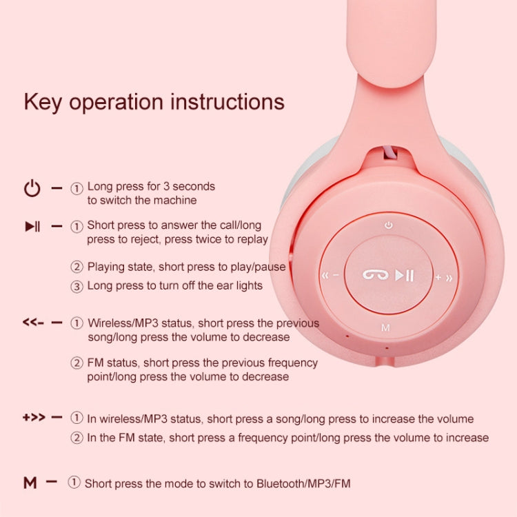 M6 Luminous Cat Ears Two-color Foldable Bluetooth Headset with 3.5mm Jack & TF Card Slot, Two-color Purple, Two-color White, Two-color Pink