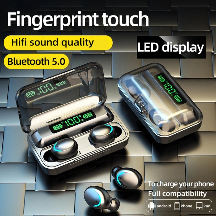 F9-5C LED Light + Digital Display Noise Reduction Bluetooth Earphone with Hand Strap, F9-5C LED Light with Strap Black, F9-5C LED Light with Strap White