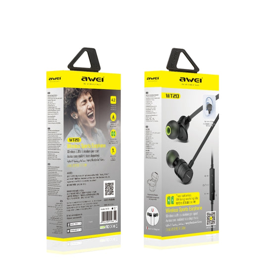 awei WT20 waterproof earphones flat lay displaying complete package contents and accessories