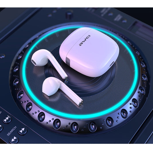 awei T28 wireless earphones with case displaying Bluetooth 5.0 connectivity