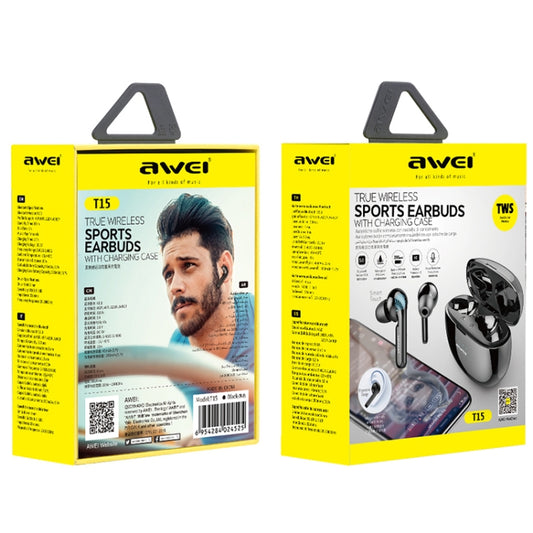Close-up of awei T15 earbud showing touch control buttons and premium build quality