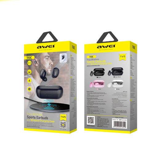 awei T6C wireless charging case open showing dual earphones and charging port