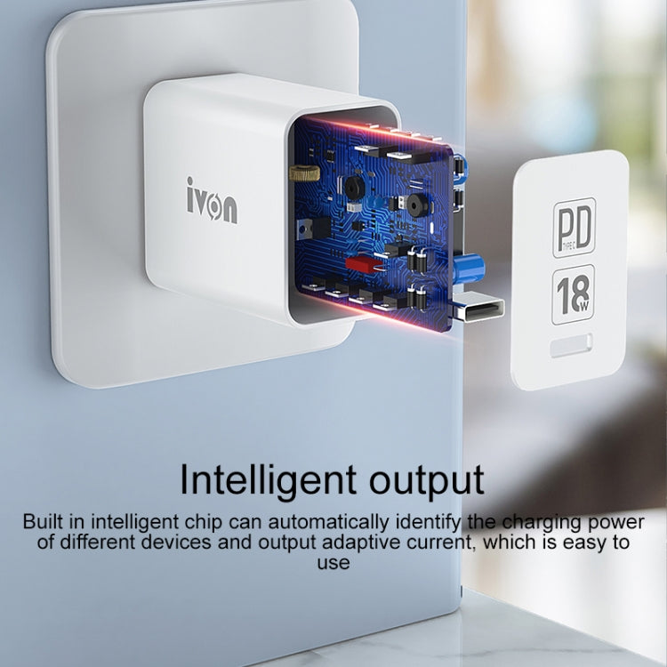 IVON AD48 18W PD Fast Charger + USB-C / Type-C to 8 Pin Data Cable Set, US Plug