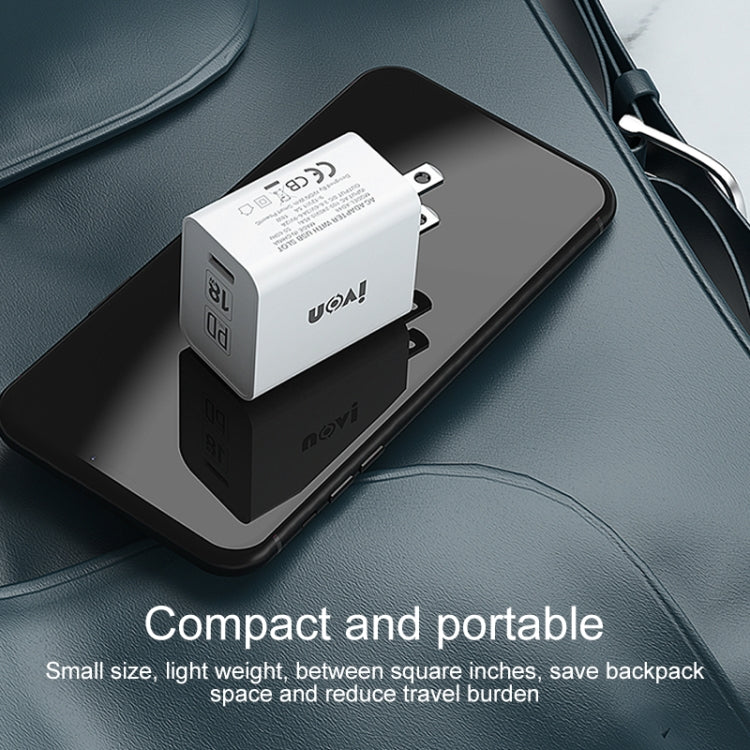 IVON AD48 18W PD Fast Charger + USB-C / Type-C to 8 Pin Data Cable Set, US Plug