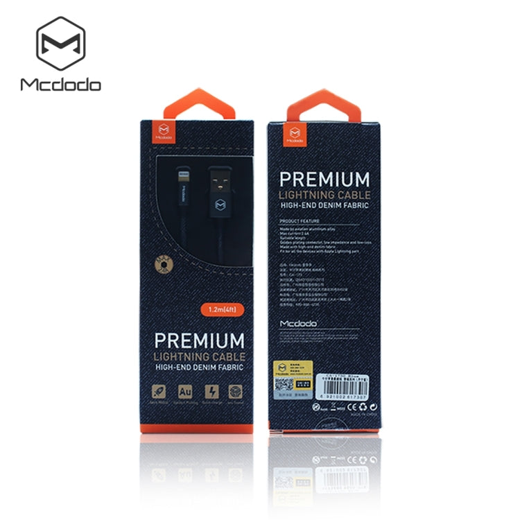 Mcdodo CA-1730 1.2m 2.4A Reversible 8 Pin to USB Denim Cover TPE Jacket Data Sync Charging Cable with Aero Aluminum Head for iPhone, iPad(Denim Blue)