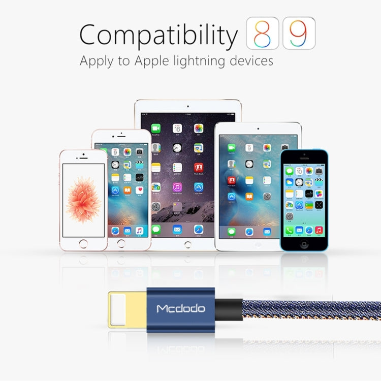 Mcdodo CA-1730 1.2m 2.4A Reversible 8 Pin to USB Denim Cover TPE Jacket Data Sync Charging Cable with Aero Aluminum Head for iPhone, iPad(Denim Blue)