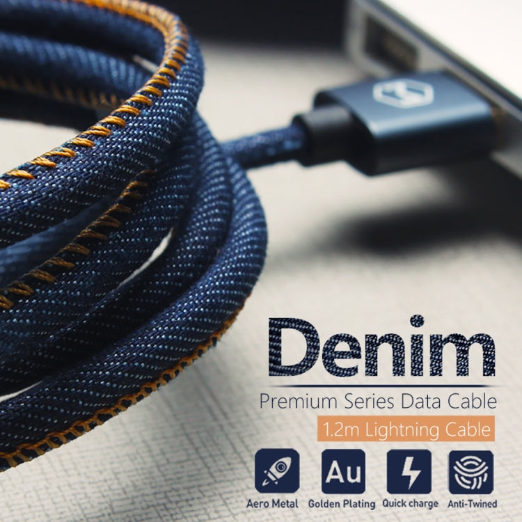 Mcdodo CA-1730 1.2m 2.4A Reversible 8 Pin to USB Denim Cover TPE Jacket Data Sync Charging Cable with Aero Aluminum Head for iPhone, iPad(Denim Blue)