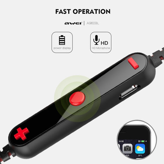 AWEI A960BL wireless earphones displaying dual-driver audio setup for enhanced bass and clarity