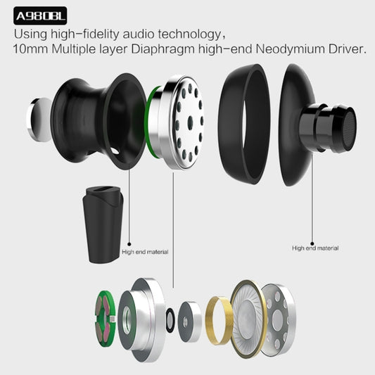 Magnetic connector clasp on AWEI A980BL Bluetooth earphones resting against chest
