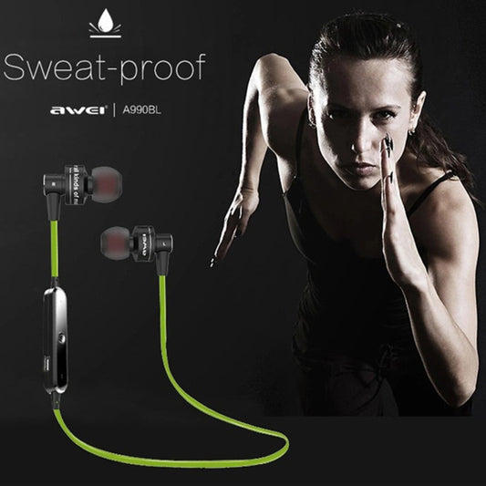 AWEI A990BL Bluetooth earphones worn during active workout and exercise session