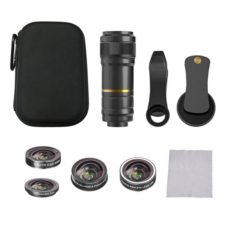 HAUTIK HK-002 5 in 1 180 Degree Fisheye Lens + 0.65X Macro &  Wide Lens + 12X Telephoto Lens + Star Line Lens Kits, HK-002