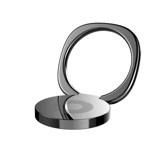 Close-up of rotating metal ring mechanism with secure grip design for mobile device stabilization