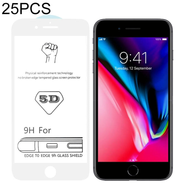 25 PCS 9H 5D White Full Glue Full Screen Tempered Glass Film for iPhone 8 / 7, For iPhone SE 2020 / 8 / 7 (White) (25 PCS)