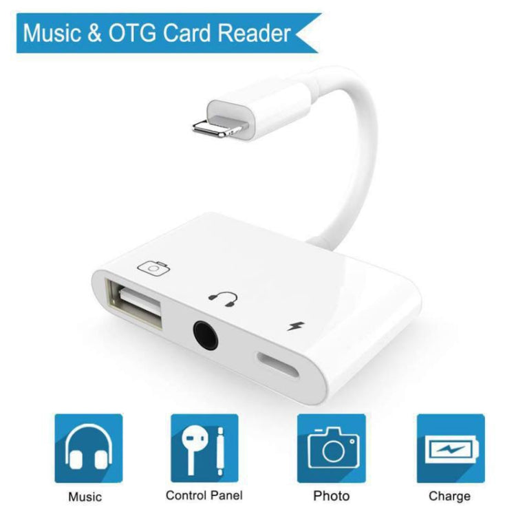 Adaptateur multifonction 3 en 1 8 broches + 3,5 mm + USB 3.0 OTG vers 8 broches mâle pour charge rapide, musique, audio et lecture de cartes